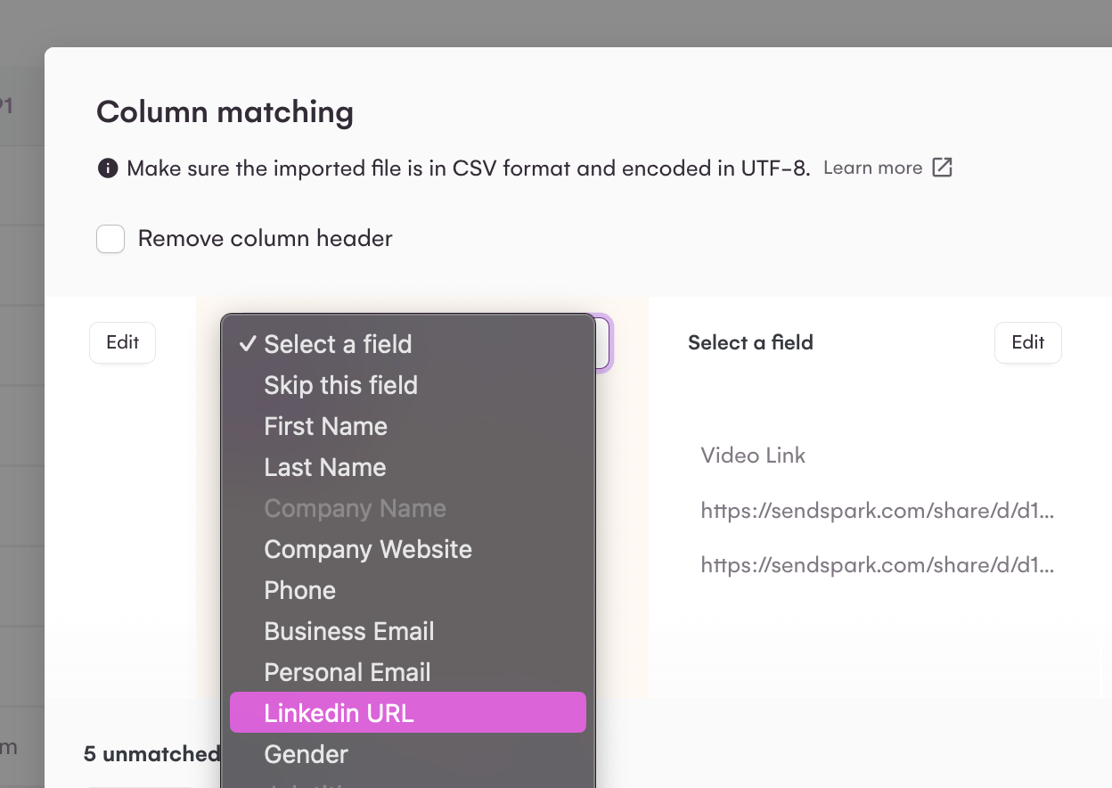 LinkedIn automation platform CSV import screen mapping Sendspark data fields