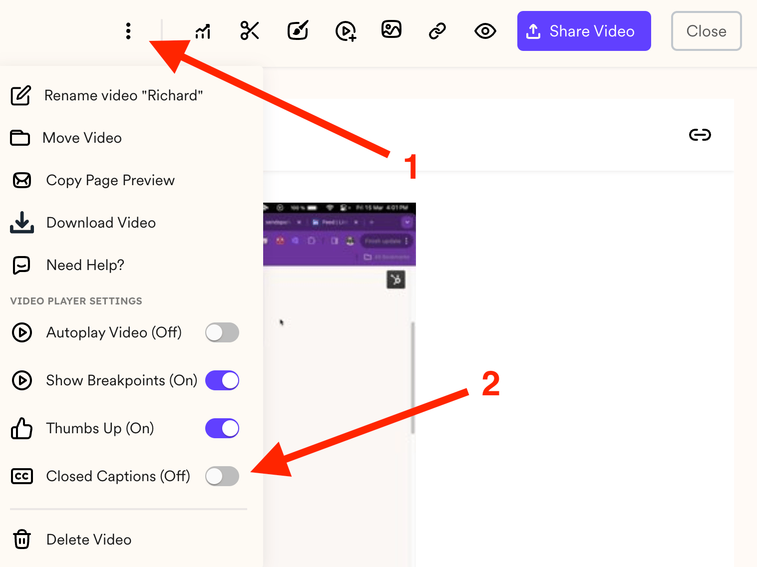 Video edit page with three-dot menu and Captions toggle option