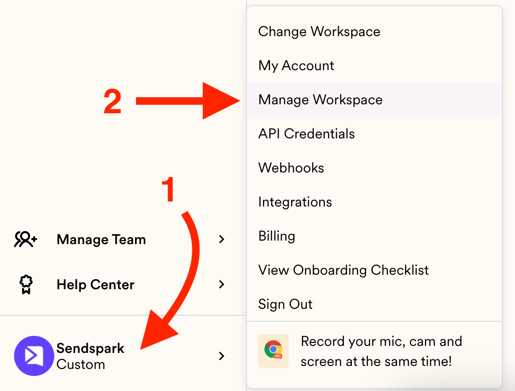 Sendspark menu with Manage Workspace option highlighted