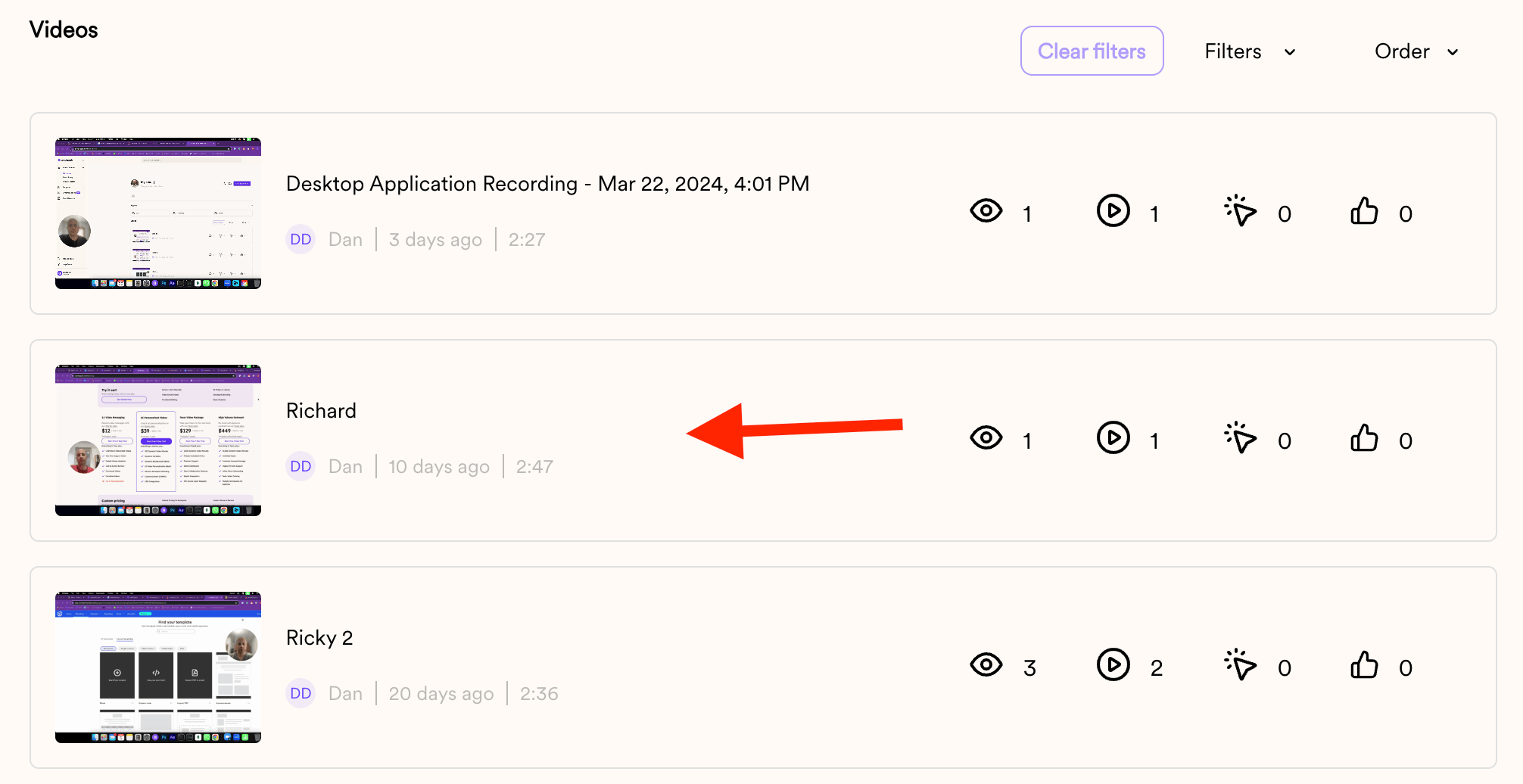Sendspark video library with video selected for editing
