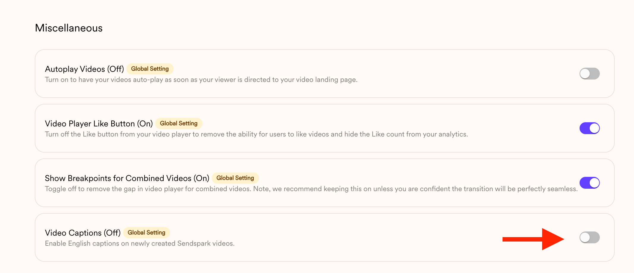 Workspace settings page with Captions toggle switch at bottom