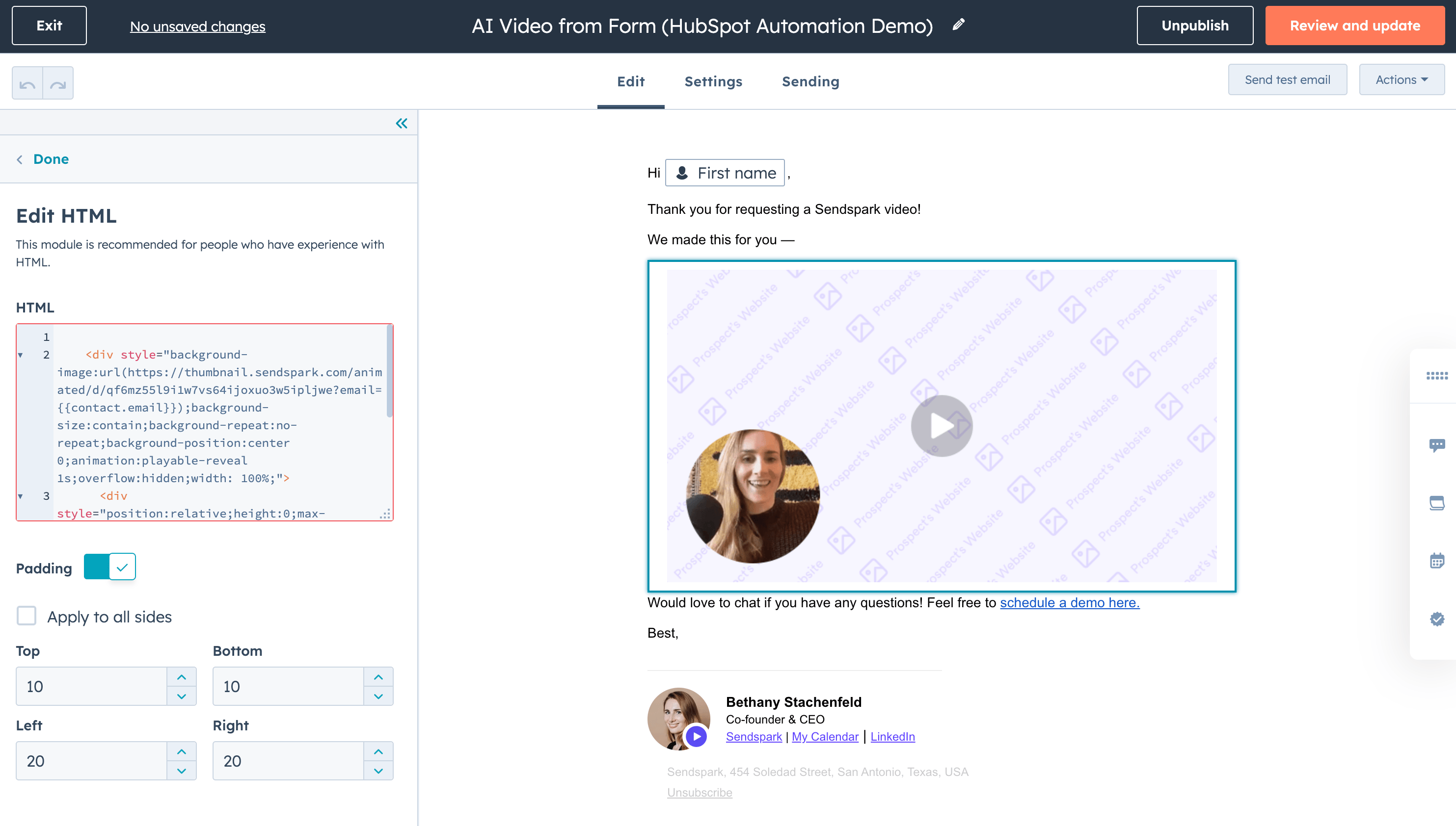 Paste Sendspark Video Snippet in HubSpot Email