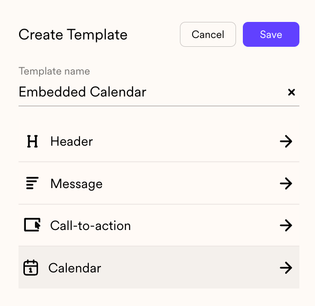 Sendspark template editor showing calendar embedded in video page template