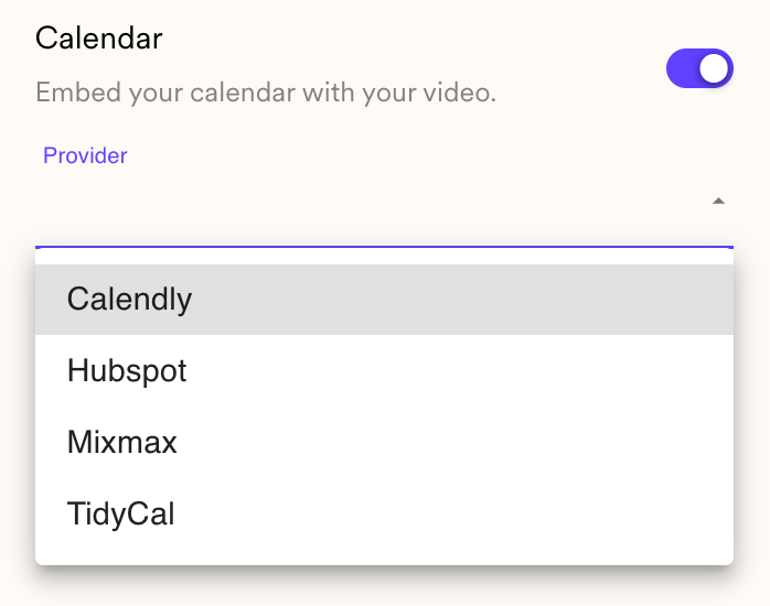 Calendar platform dropdown menu showing Calendly, Chili Piper, HubSpot options