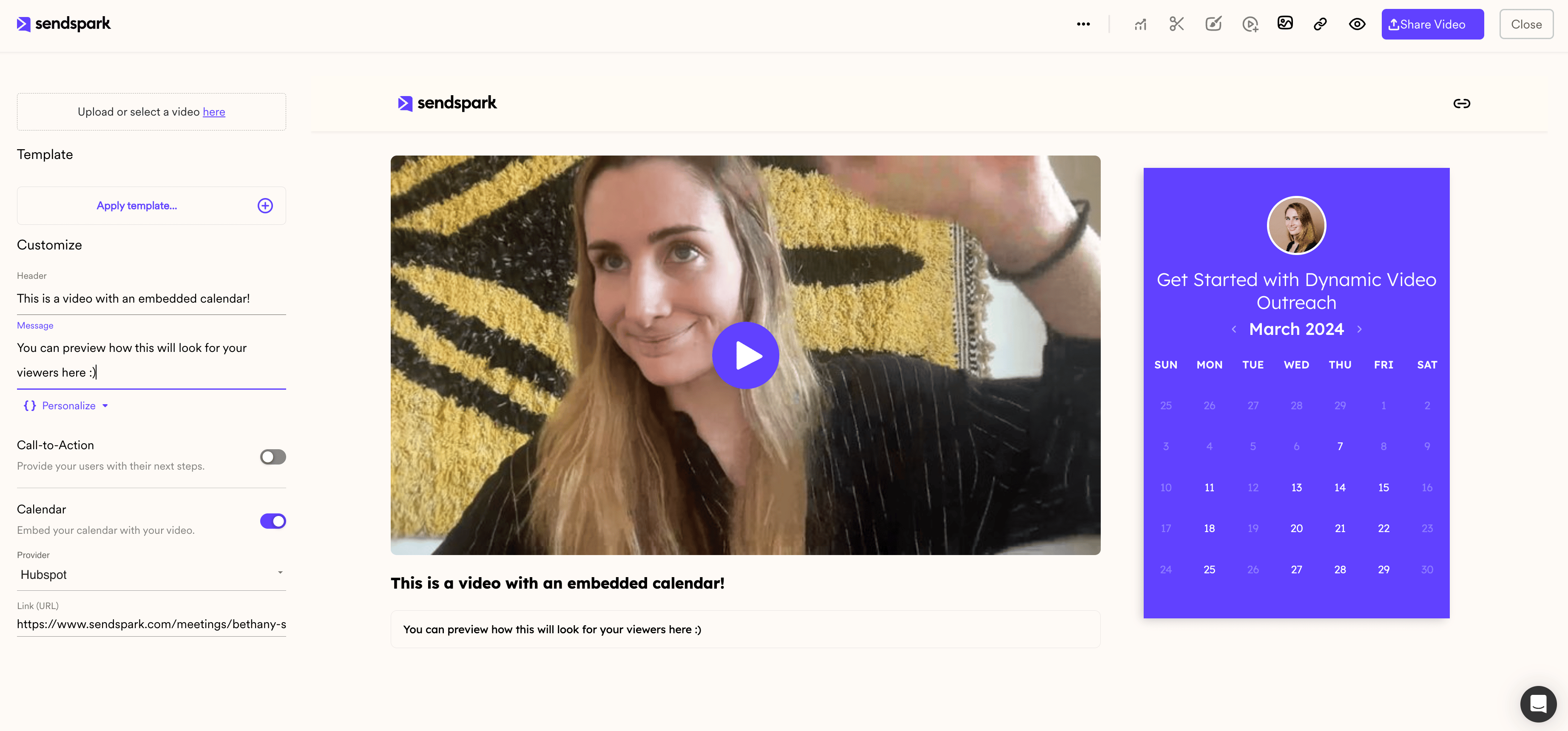Sendspark video page preview displaying embedded calendar next to video