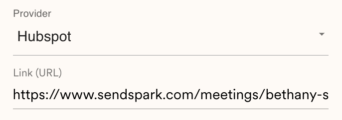 Calendar link input field in Sendspark video page settings panel