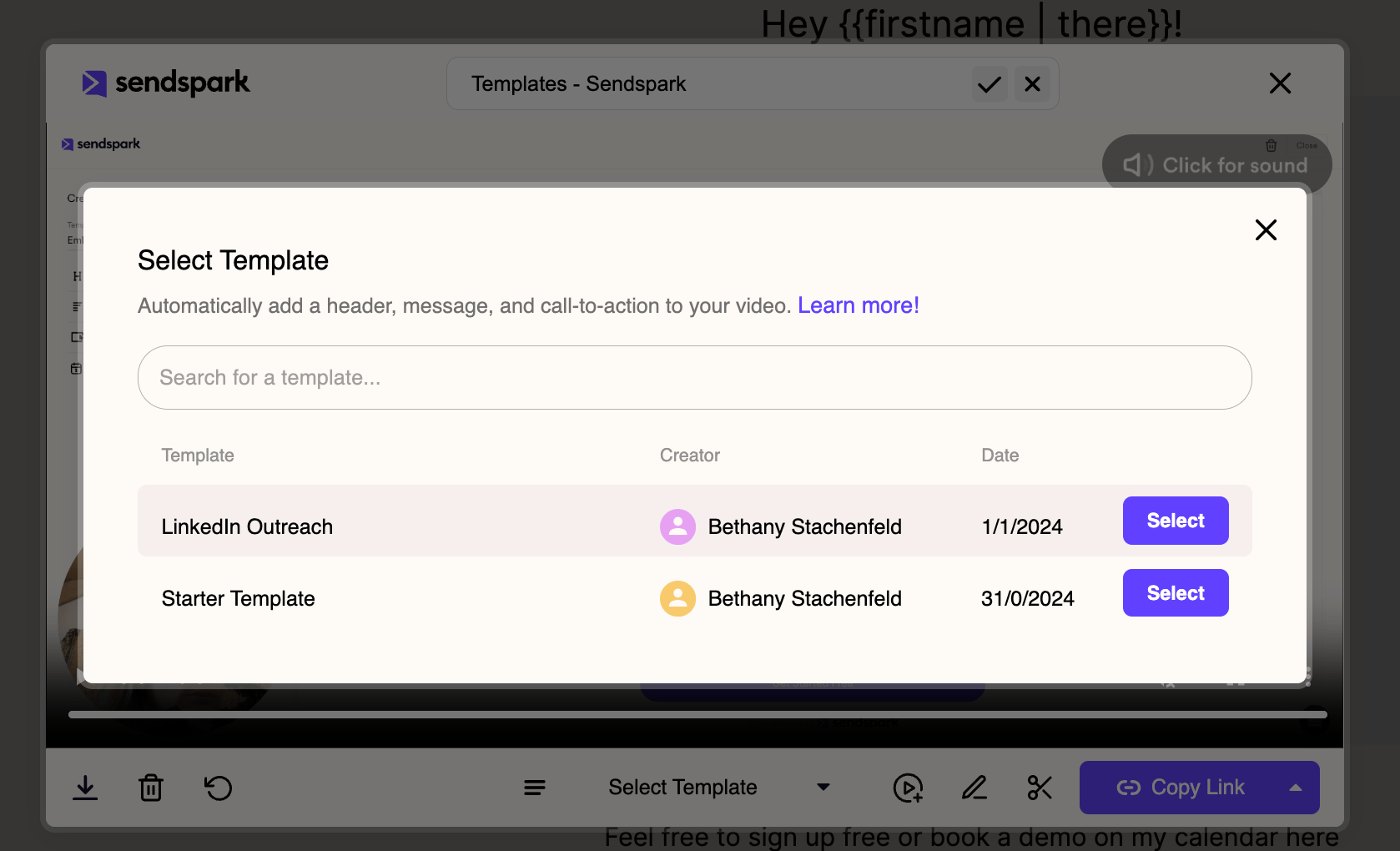 Sendspark Chrome Extension template selection menu after recording video