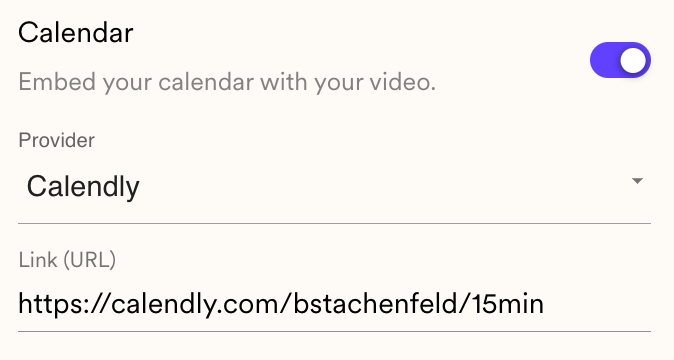 Calendar settings toggled on with Calendly provider and Calendly link URL field