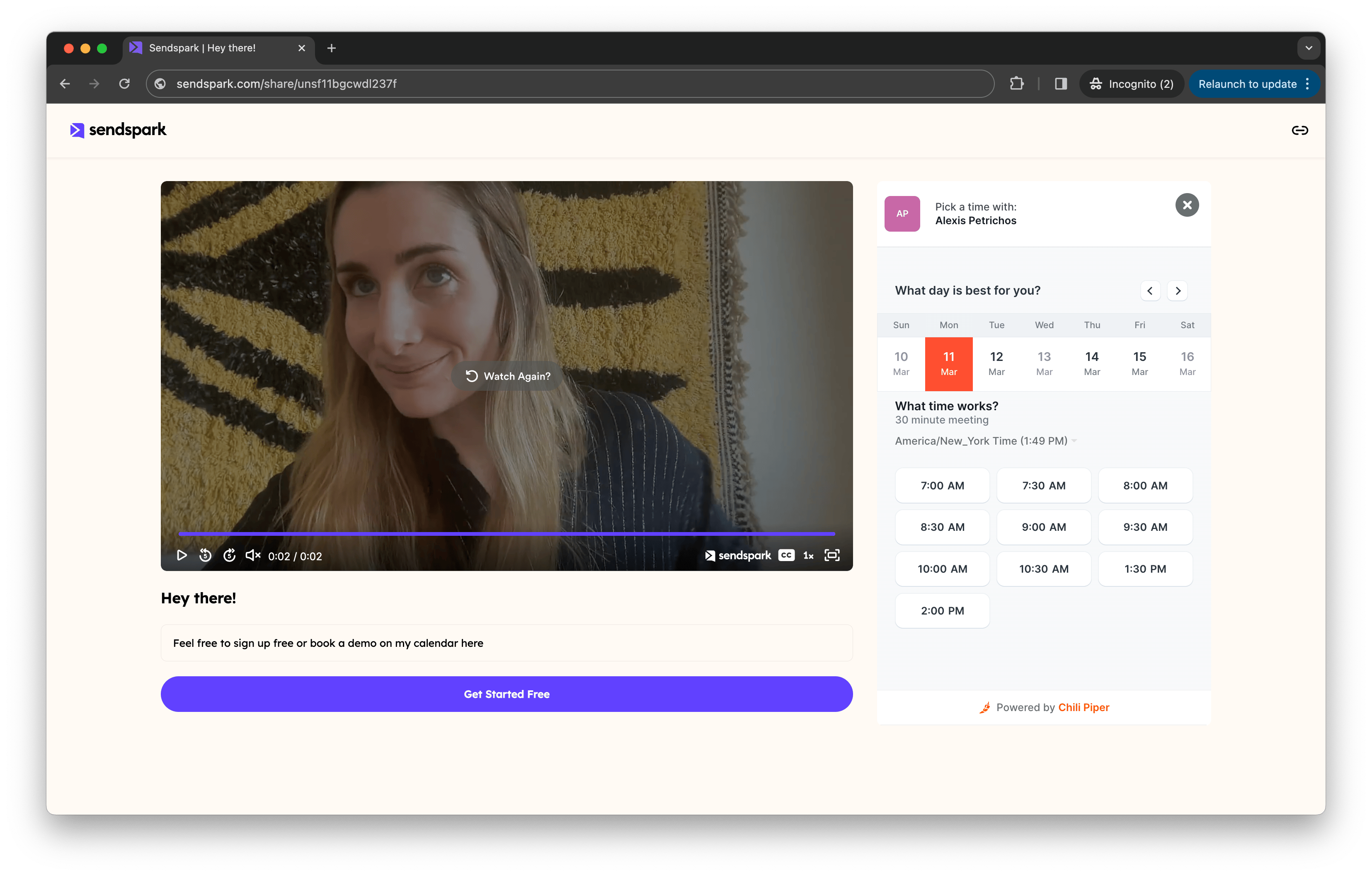 Sendspark video player with Calendar toggle switch set to On
