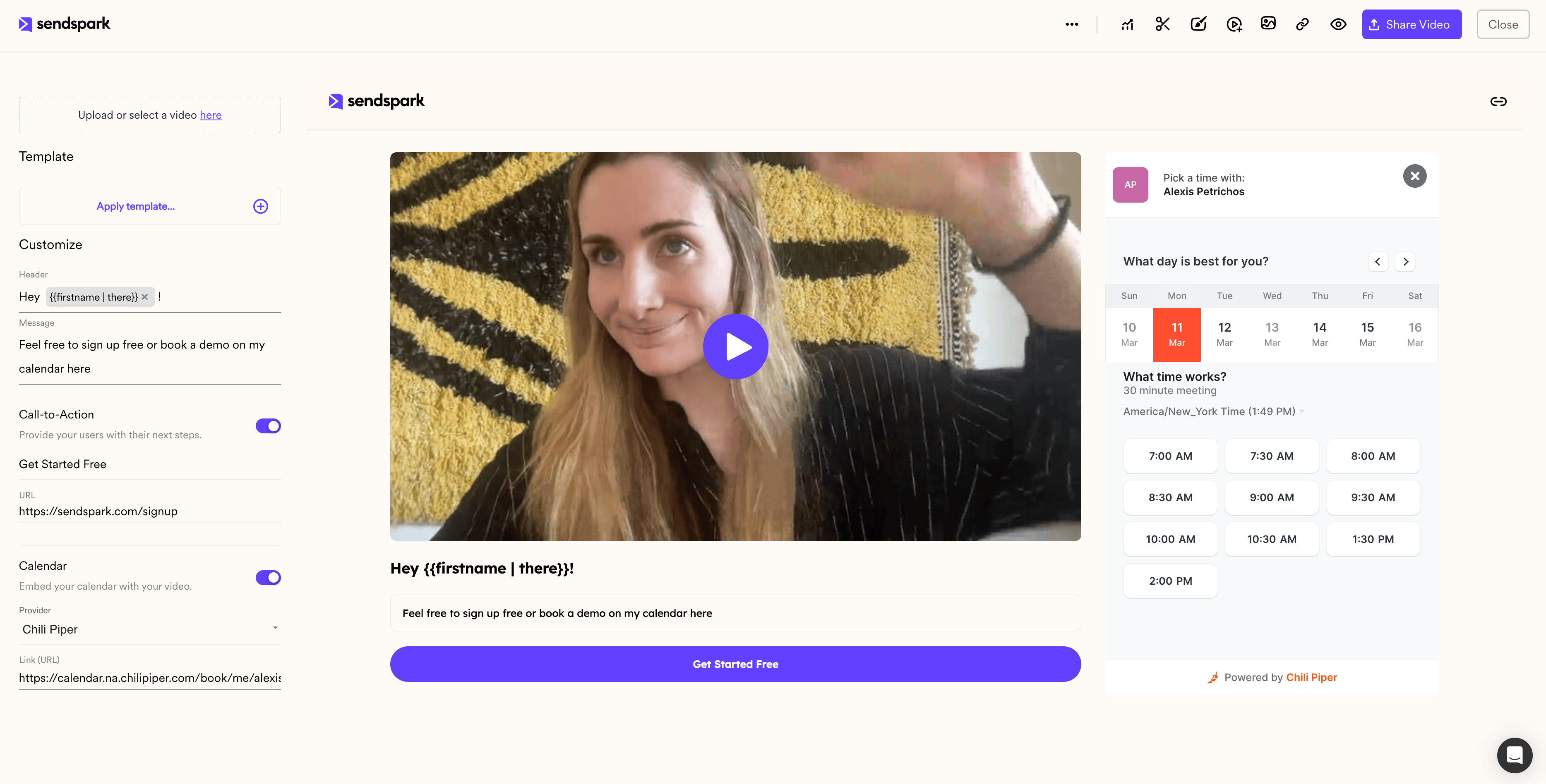 Sendspark video preview showing embedded Chili Piper calendar below video player