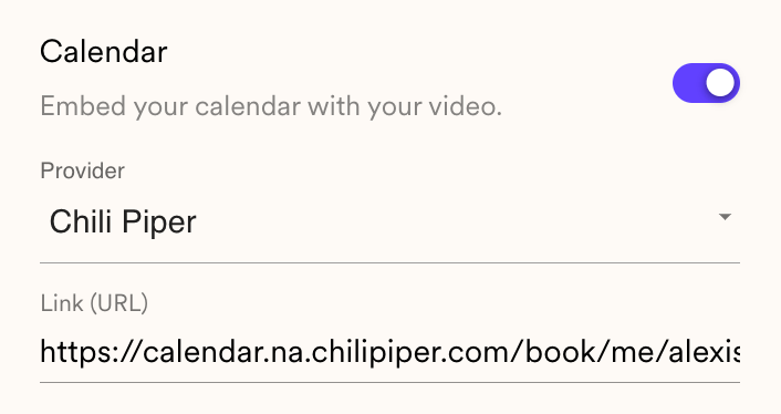 Sendspark calendar settings form with Chili Piper provider selected and link field