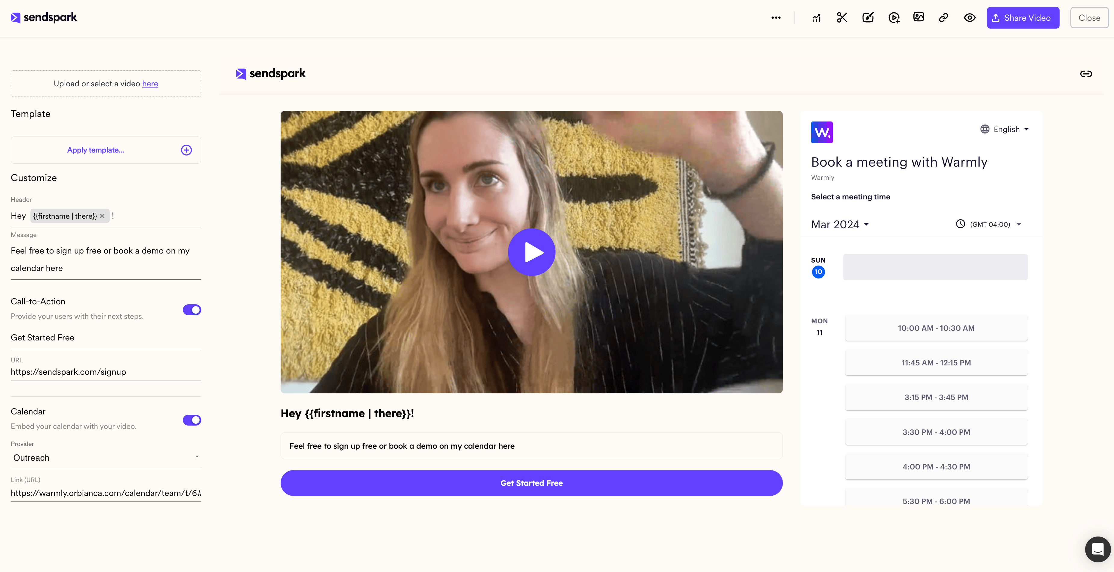 Preview Outreach Embedded Calendar Next to Video