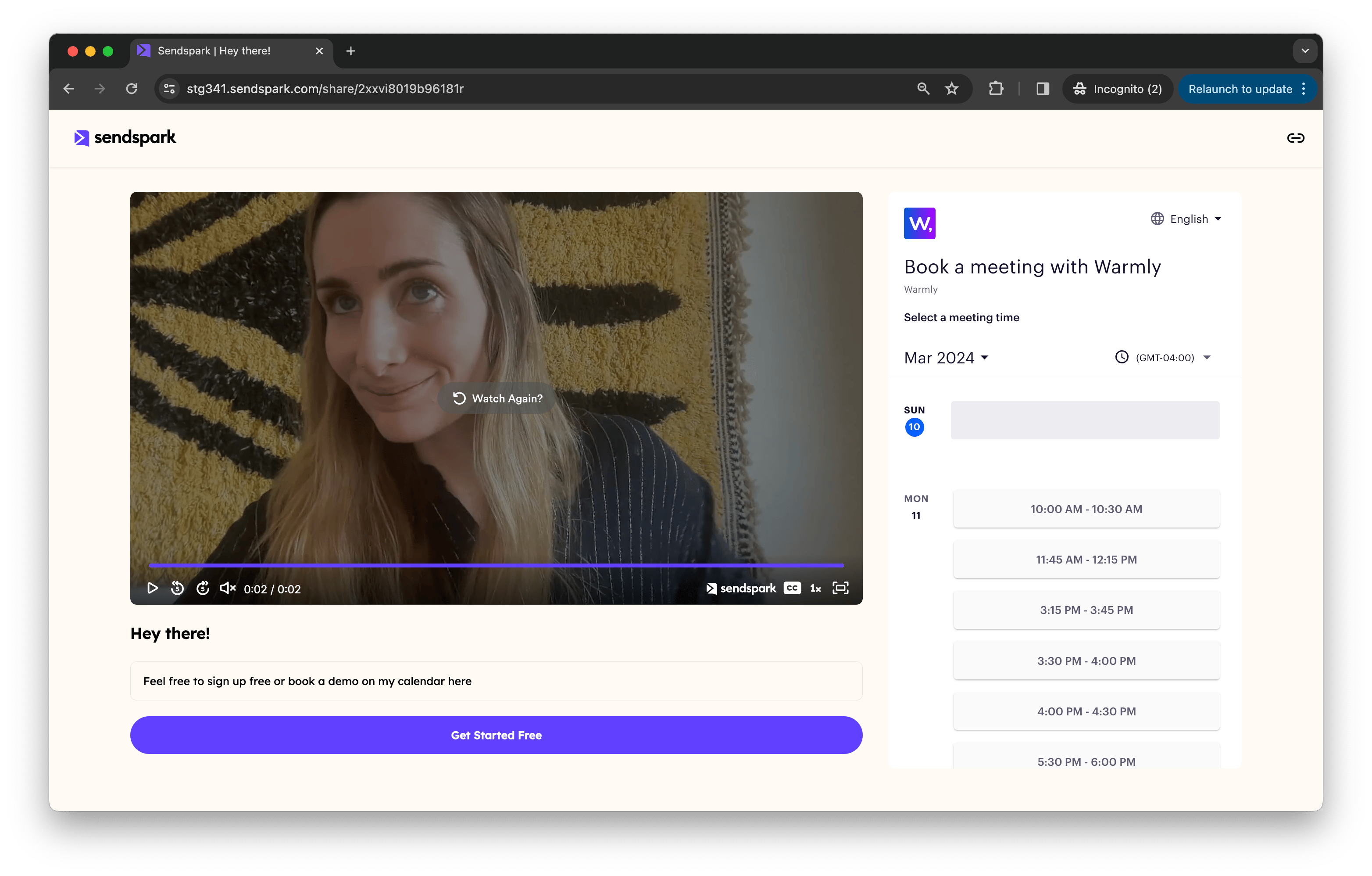 Sendspark video page with meeting-booking calendar embedded beside the video