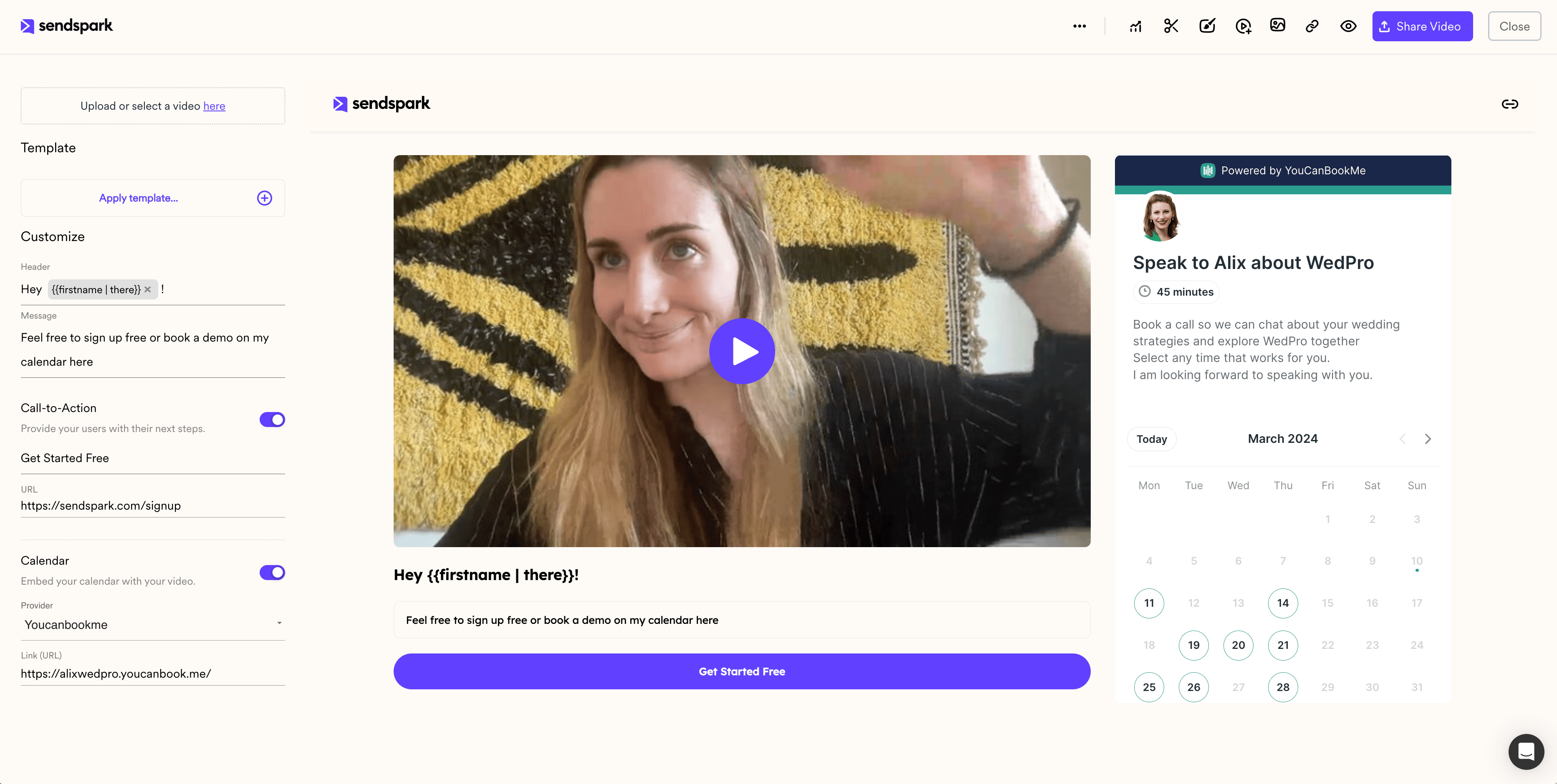 Preview Youcanbookme calendar next to video
