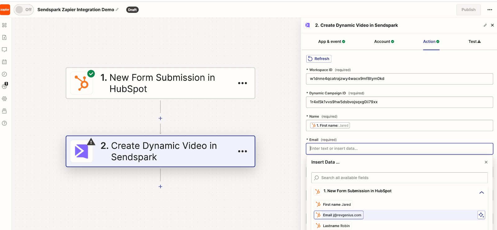 Select data for Sendspark dynamic videos in Zapier