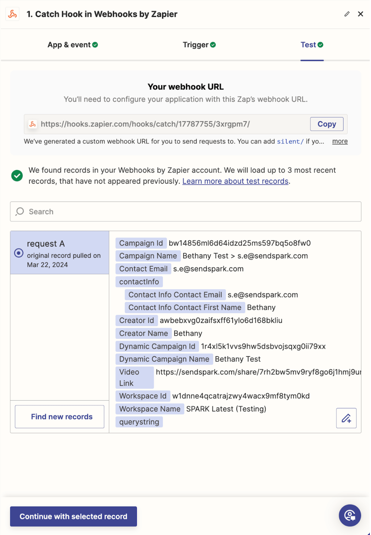 Test Sendspark Webhook in Zapier