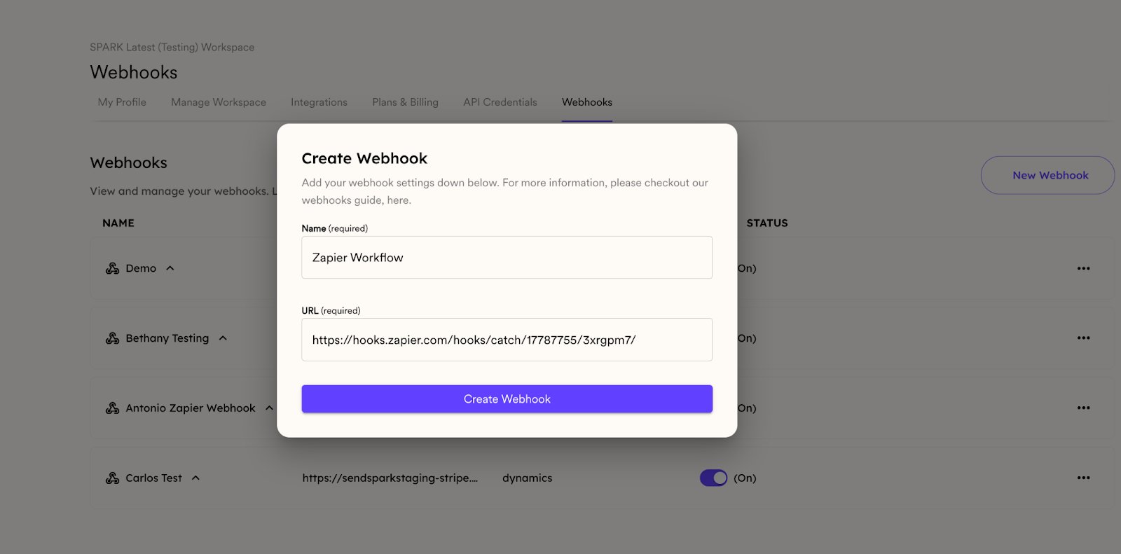 Create Webhook in Sendspark