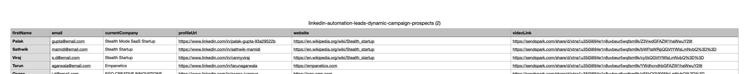 Sendspark Video CSV to Import into Skylead