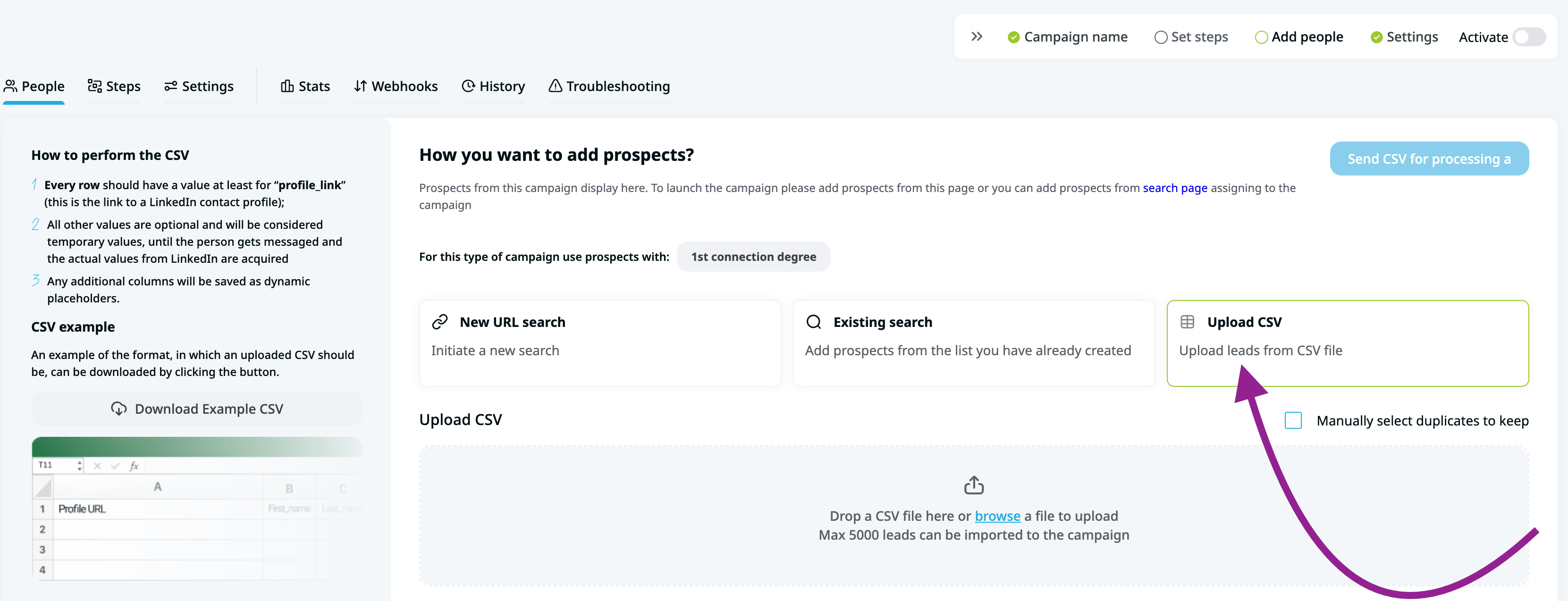 Expandi campaign interface showing Add Contacts section with Upload CSV option