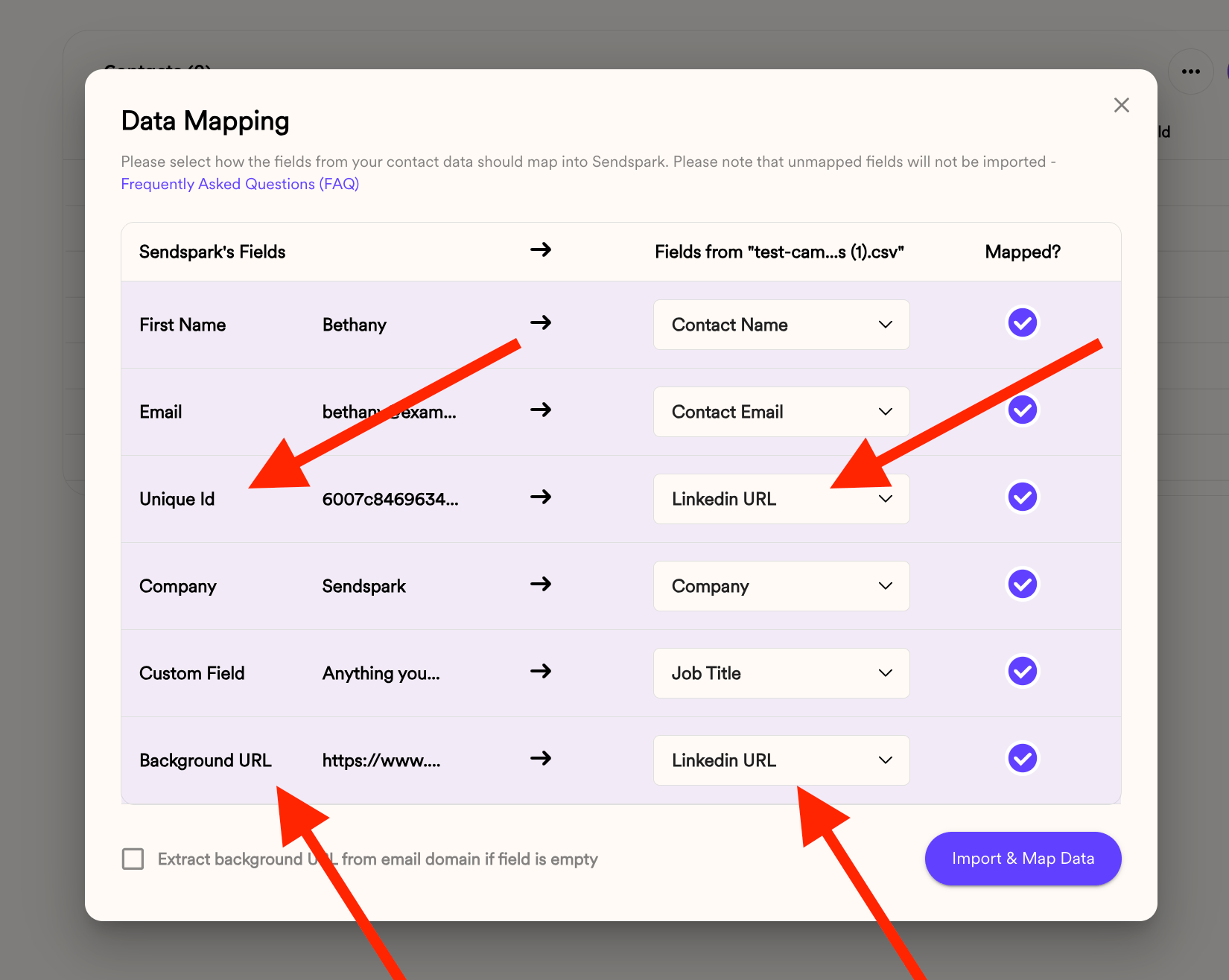 Sendspark contact import interface with CSV upload and LinkedIn URL mapping fields