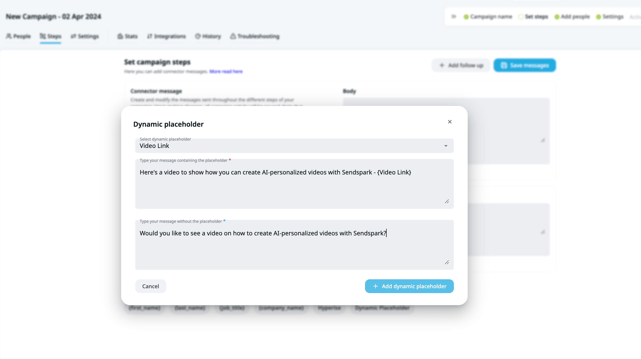 Expandi Dynamic Placeholder conditional logic settings for video link presence or absence
