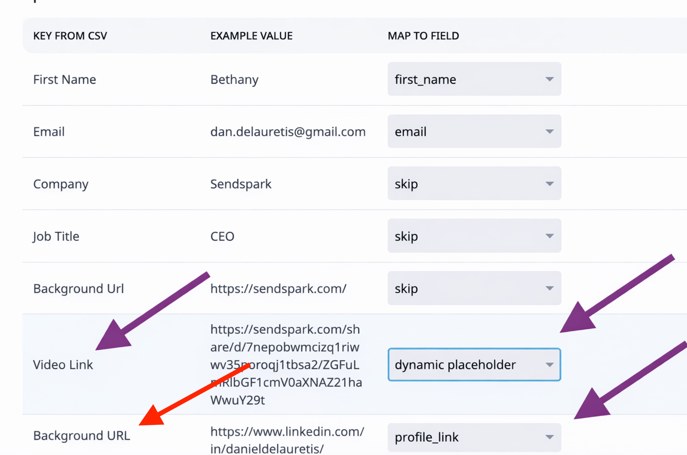 Expandi CSV mapping screen displaying Background URL and Video Link field configuration