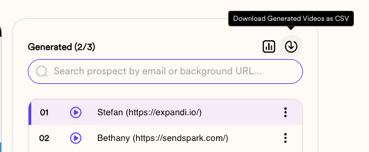 Sendspark CSV export download button with contact list and video link columns