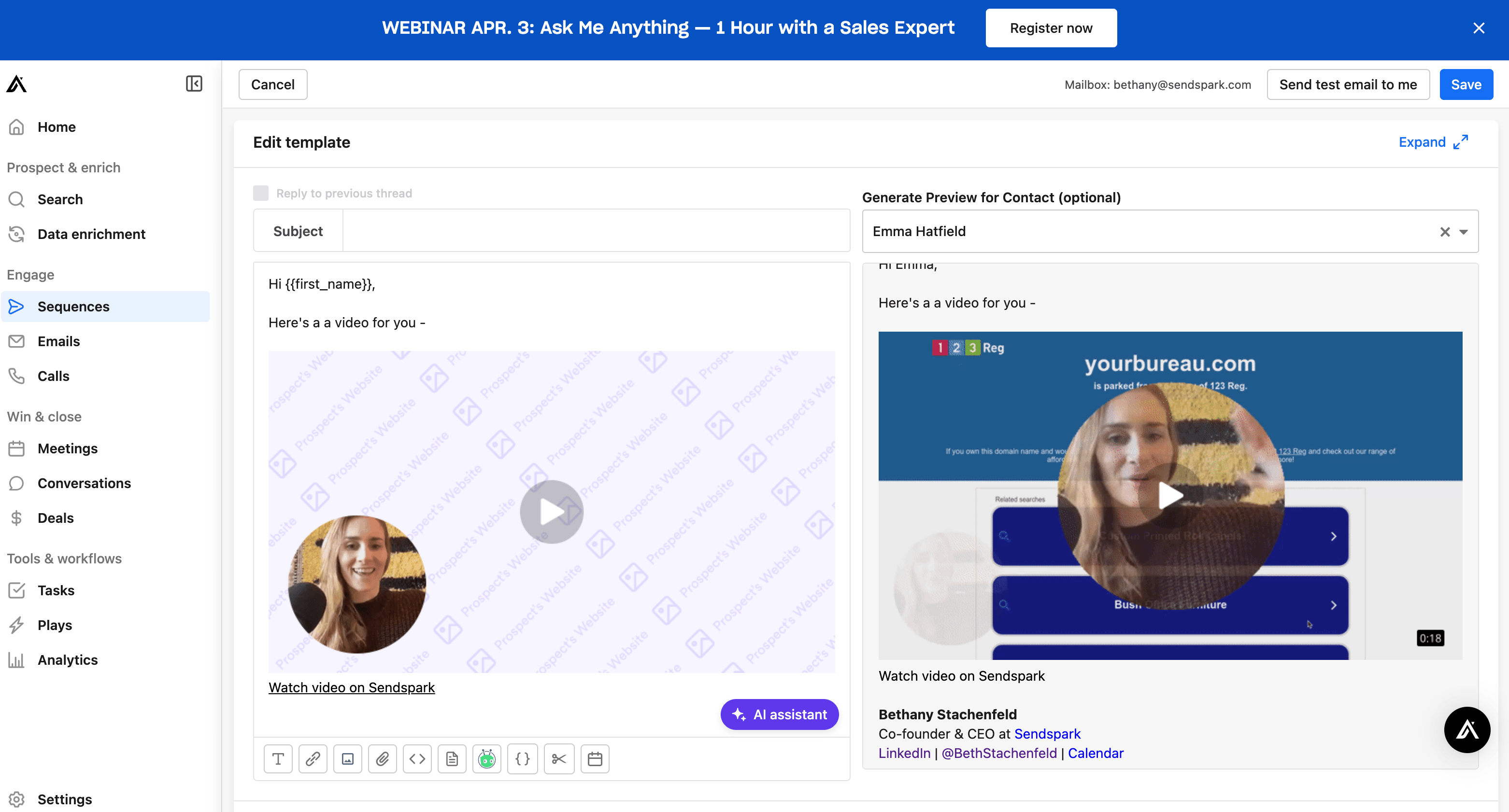 Email preview showing personalized dynamic video embedded in Apollo email template