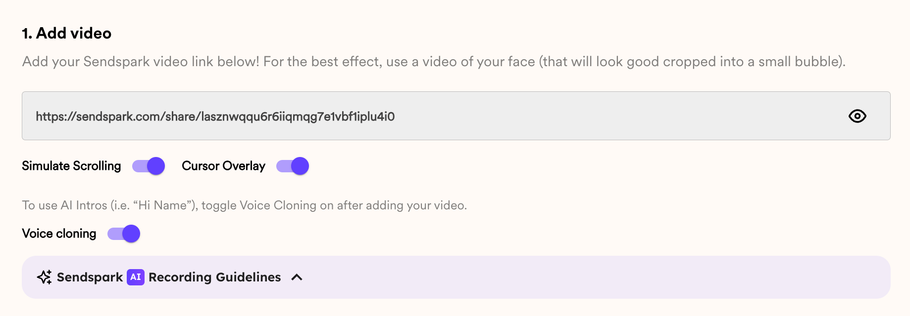 Dynamic video options panel with Simulate Scrolling, Cursor Overlay, and Voice Cloning toggles