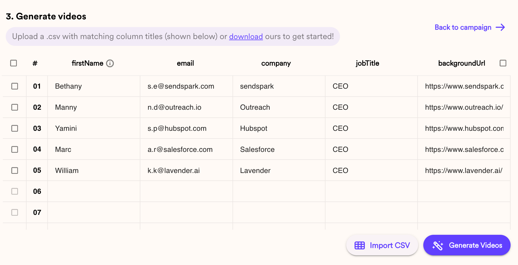 Contact import interface with options for manual entry, CSV upload, and automation