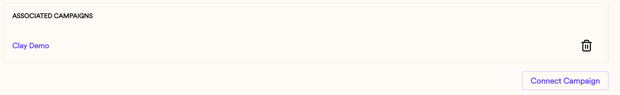 Webhook settings showing Connect Campaign button to associate with specific campaigns
