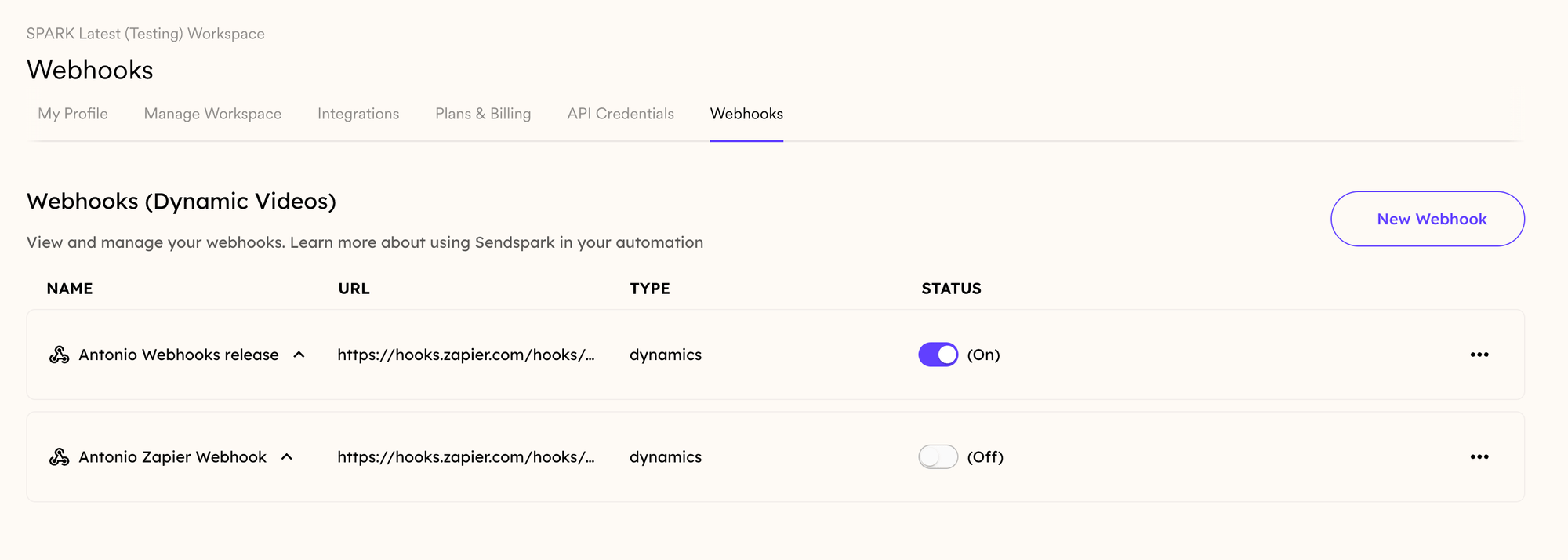 Sendspark settings panel with Webhooks section highlighted in navigation menu