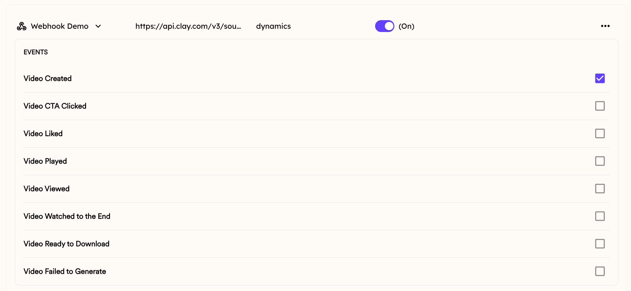 List of available webhook event types with checkboxes for selection