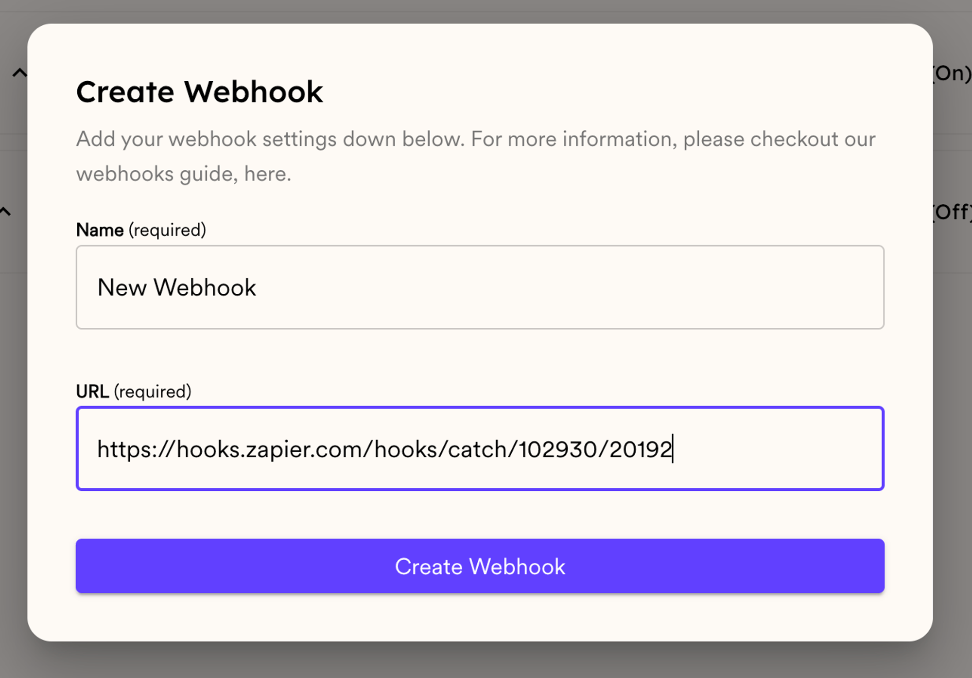 Add Webhook dialog form with Name and Webhook URL input fields