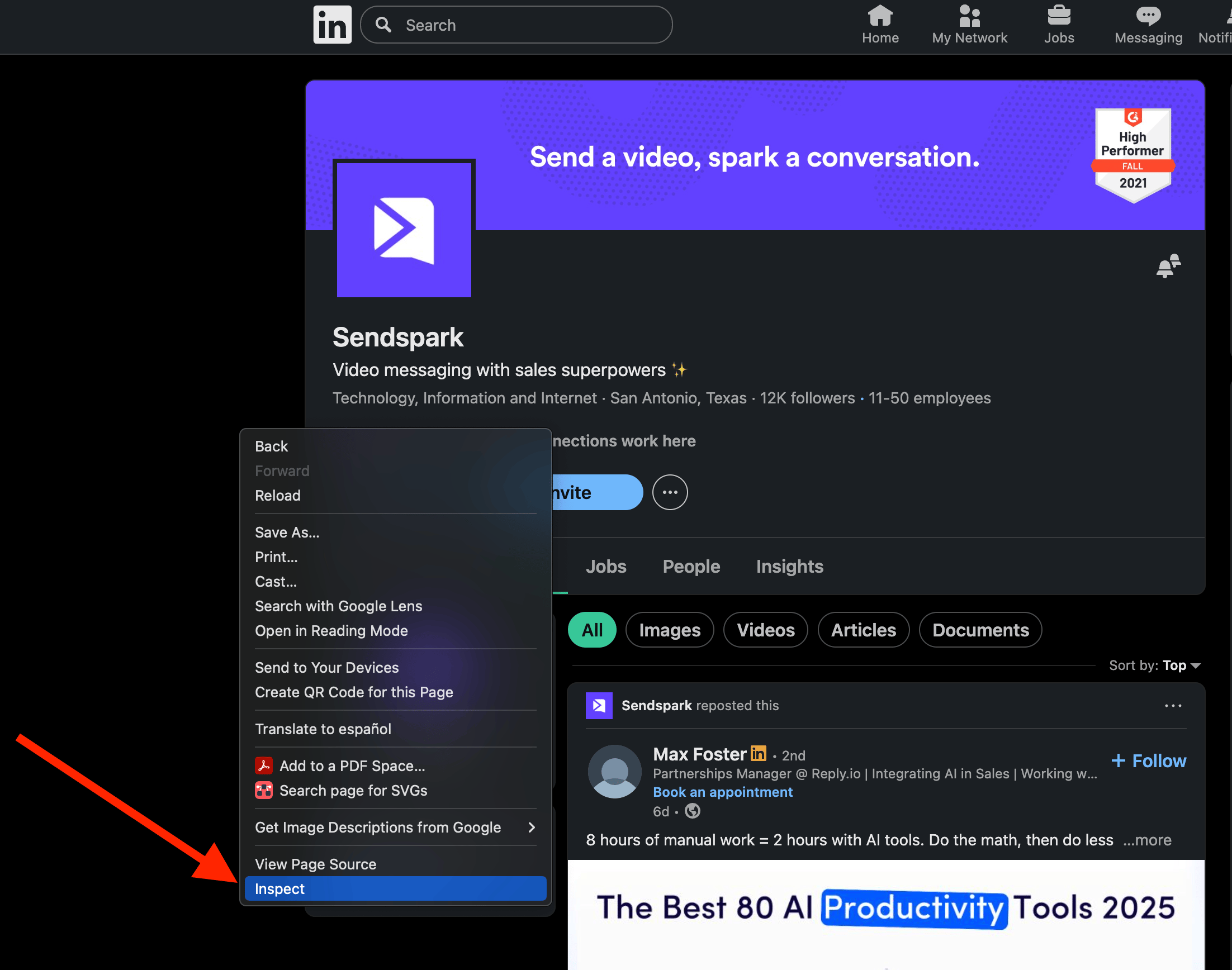 Chrome browser right-click context menu with Inspect option highlighted