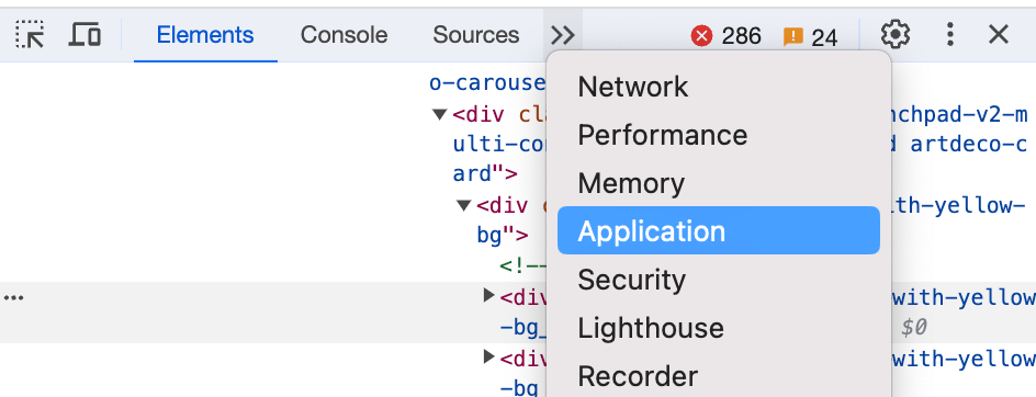 Chrome Developer Tools menu with double arrow icon to expand additional options