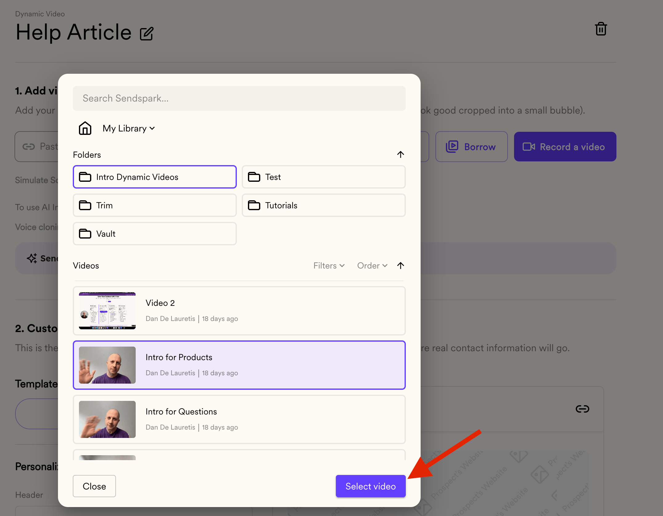 Sendspark campaign setup form with combined video naming field displayed