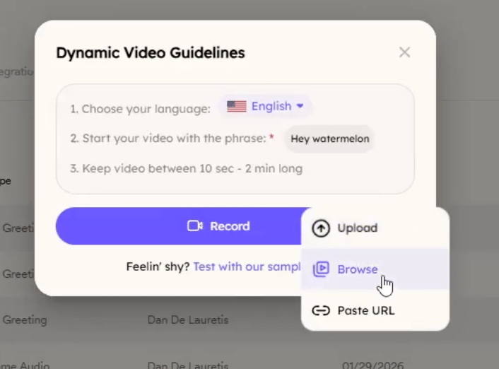 Dynamic Video Guidelines dialog with Record dropdown showing Upload, Browse, Paste URL