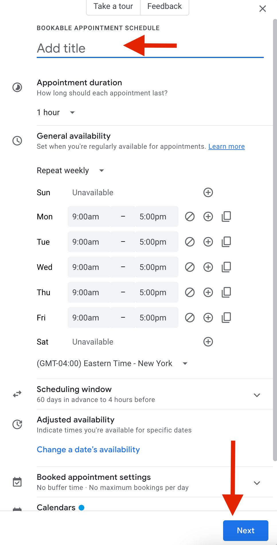 Google Calendar appointment schedule creation form with title and time fields