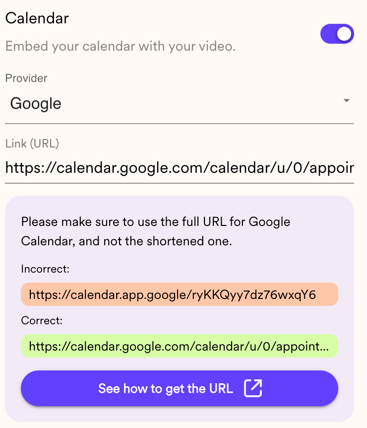 Sendspark video editor showing Calendar toggle set to On and Google Calendar provider selected