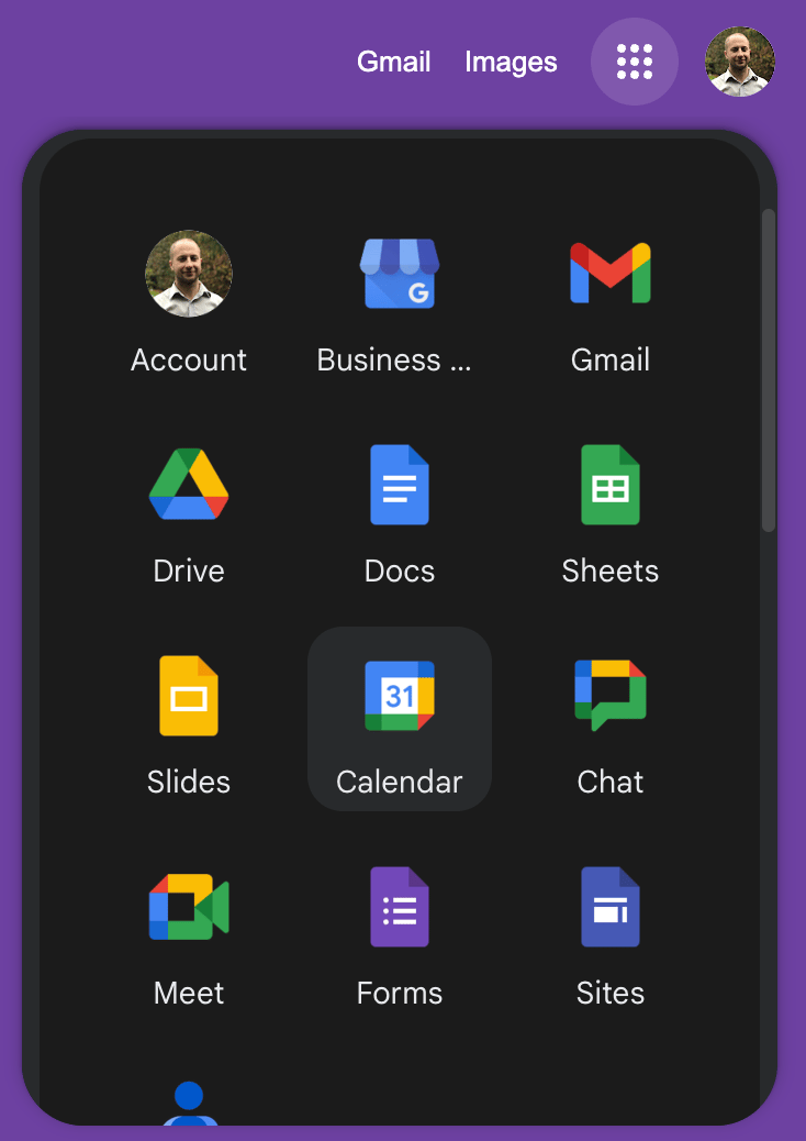 Google Calendar app homepage with navigation menu and options