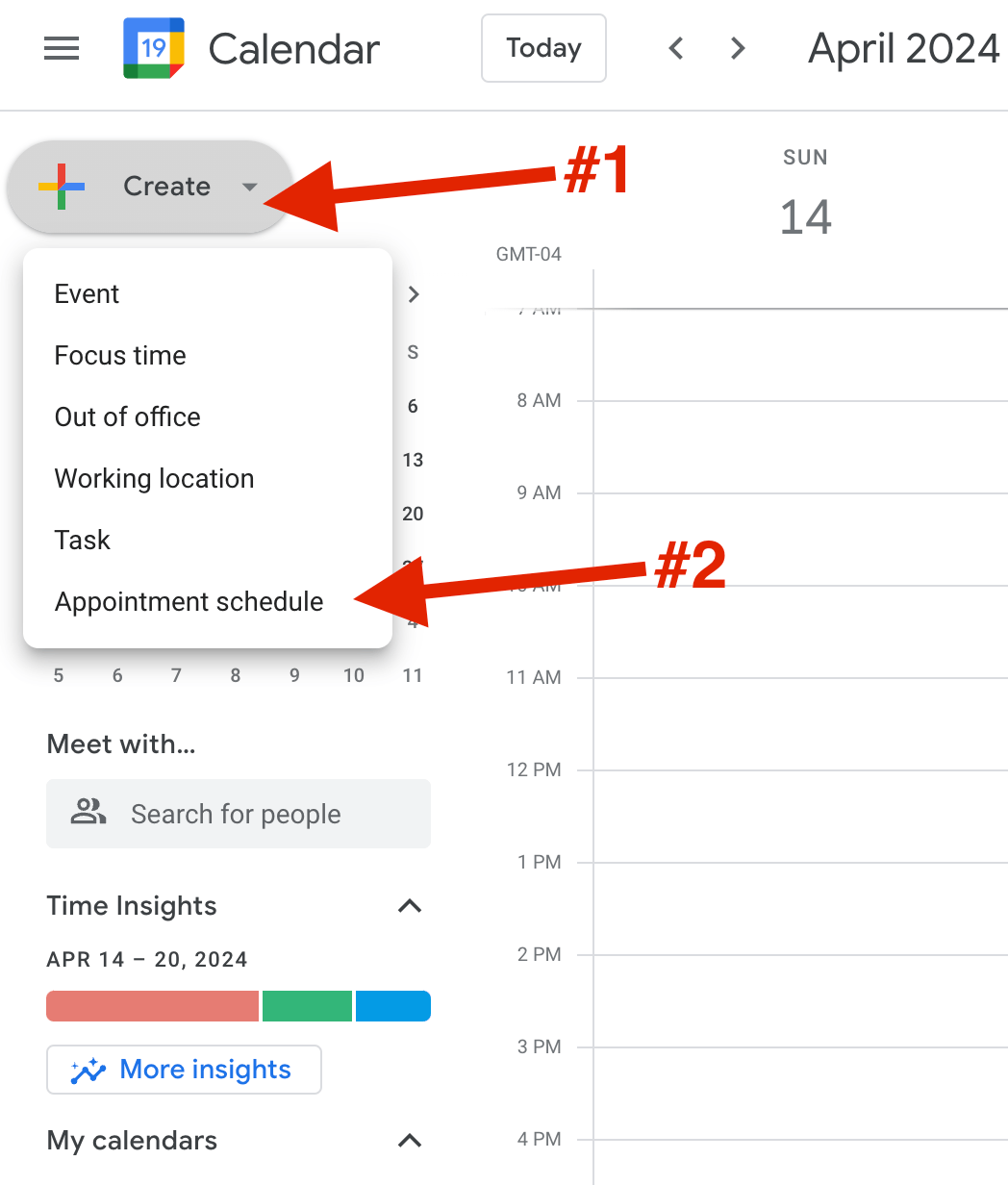 Google Calendar left sidebar with Create button and Appointment Schedule option