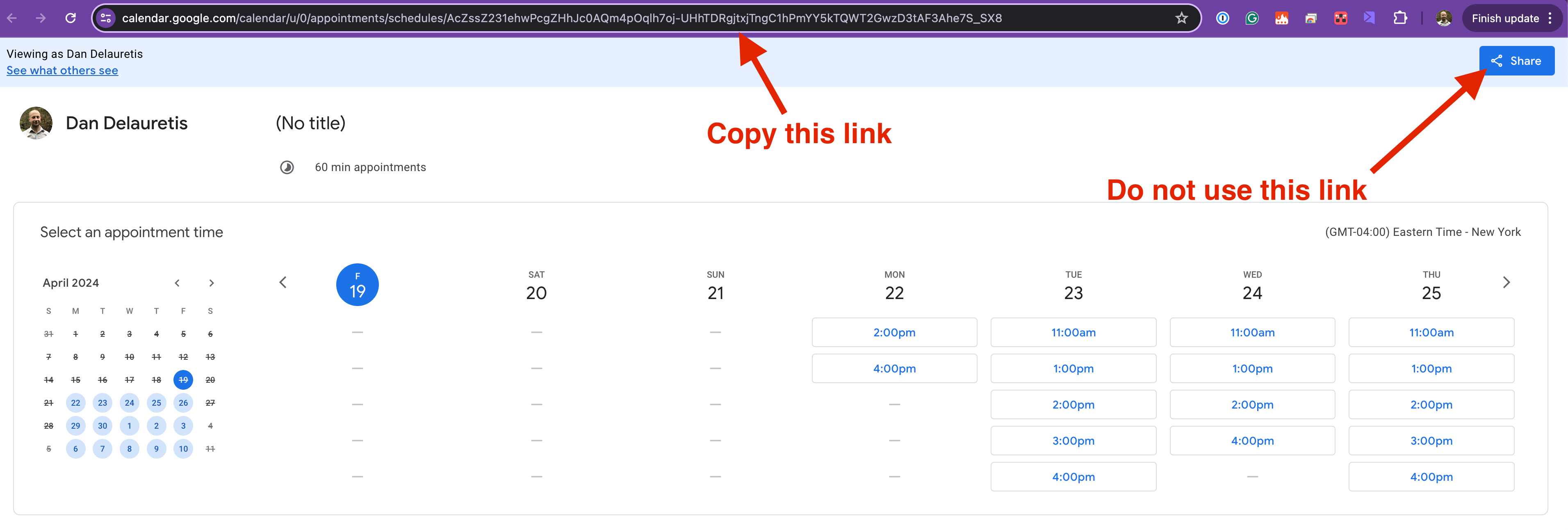 Google Calendar booking page URL in address bar ready to copy