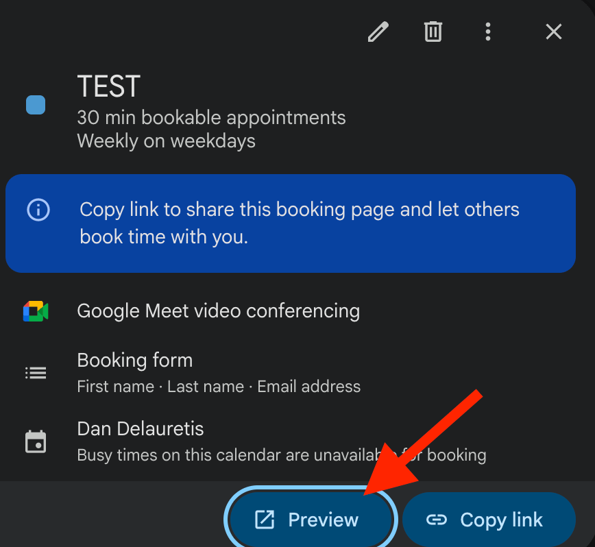 Google Calendar pop-up confirmation window with Open Booking Page button