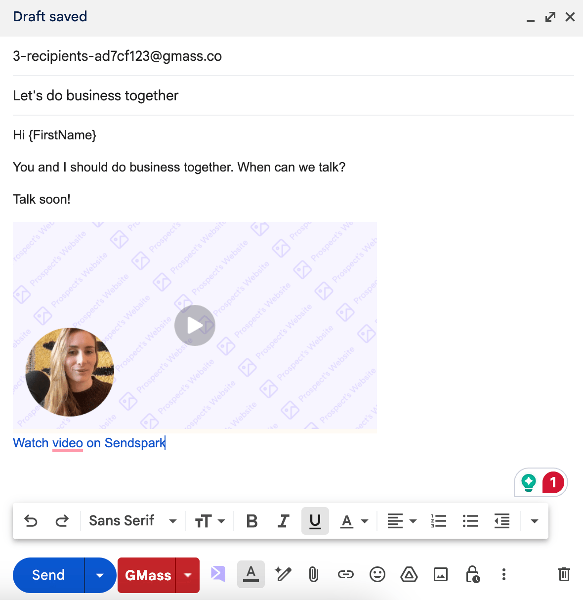 Gmail compose area showing dynamic video placeholder after pasting snippet code