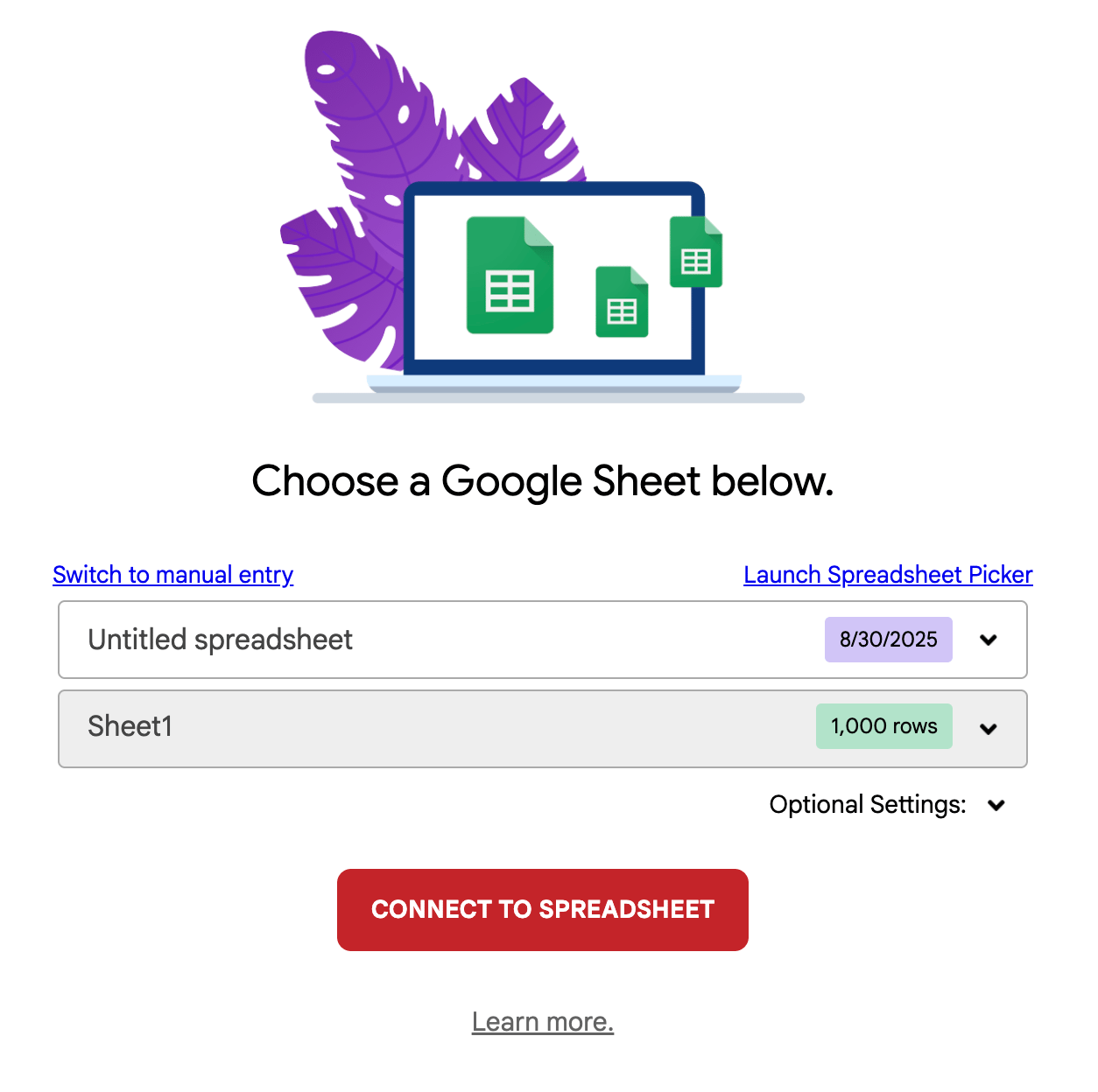 Google Sheet selection dialog in Gmass with list of available sheets
