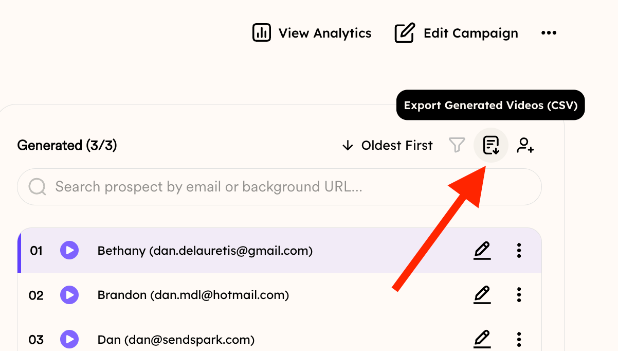 CSV export dialog showing campaign data with download button highlighted