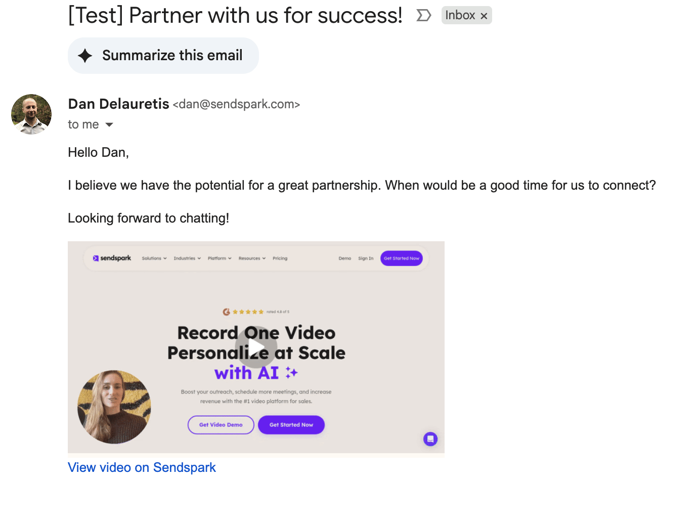 Test email preview showing dynamic video rendering with personalized content
