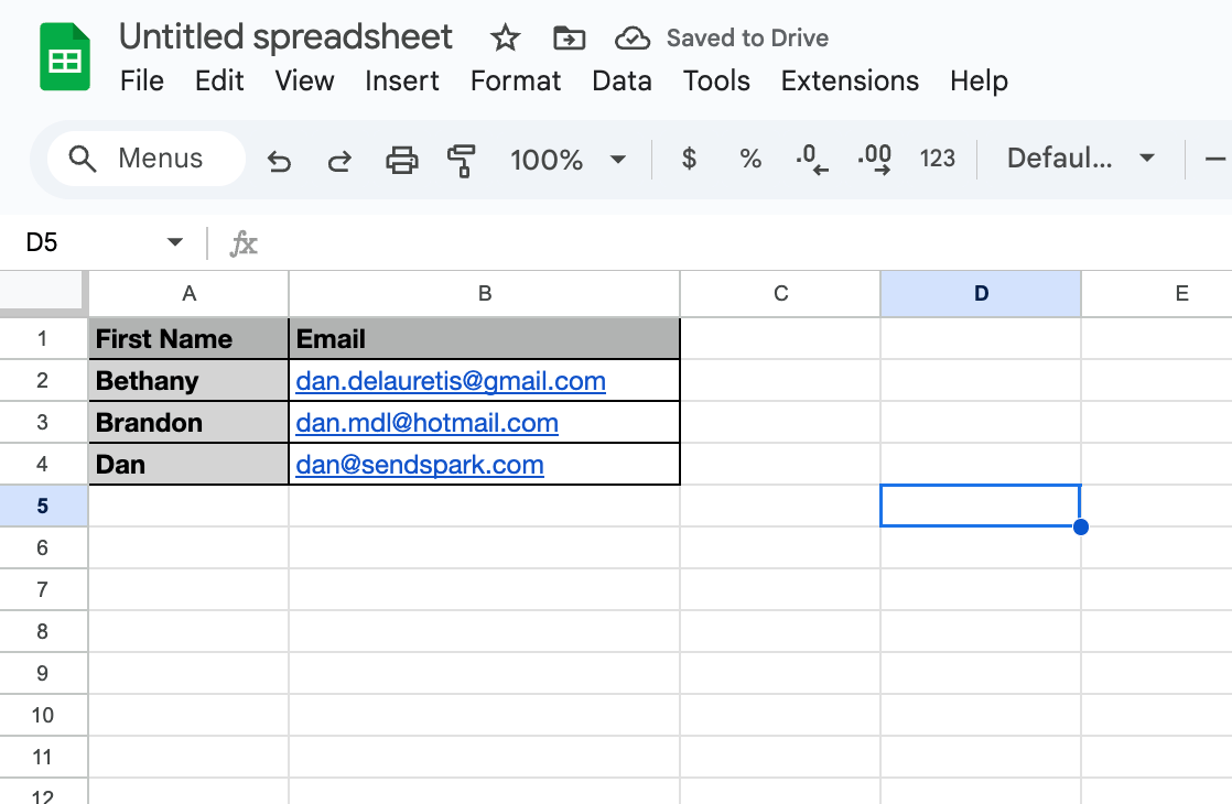 Google Sheet with First Name and Email columns populated from CSV data