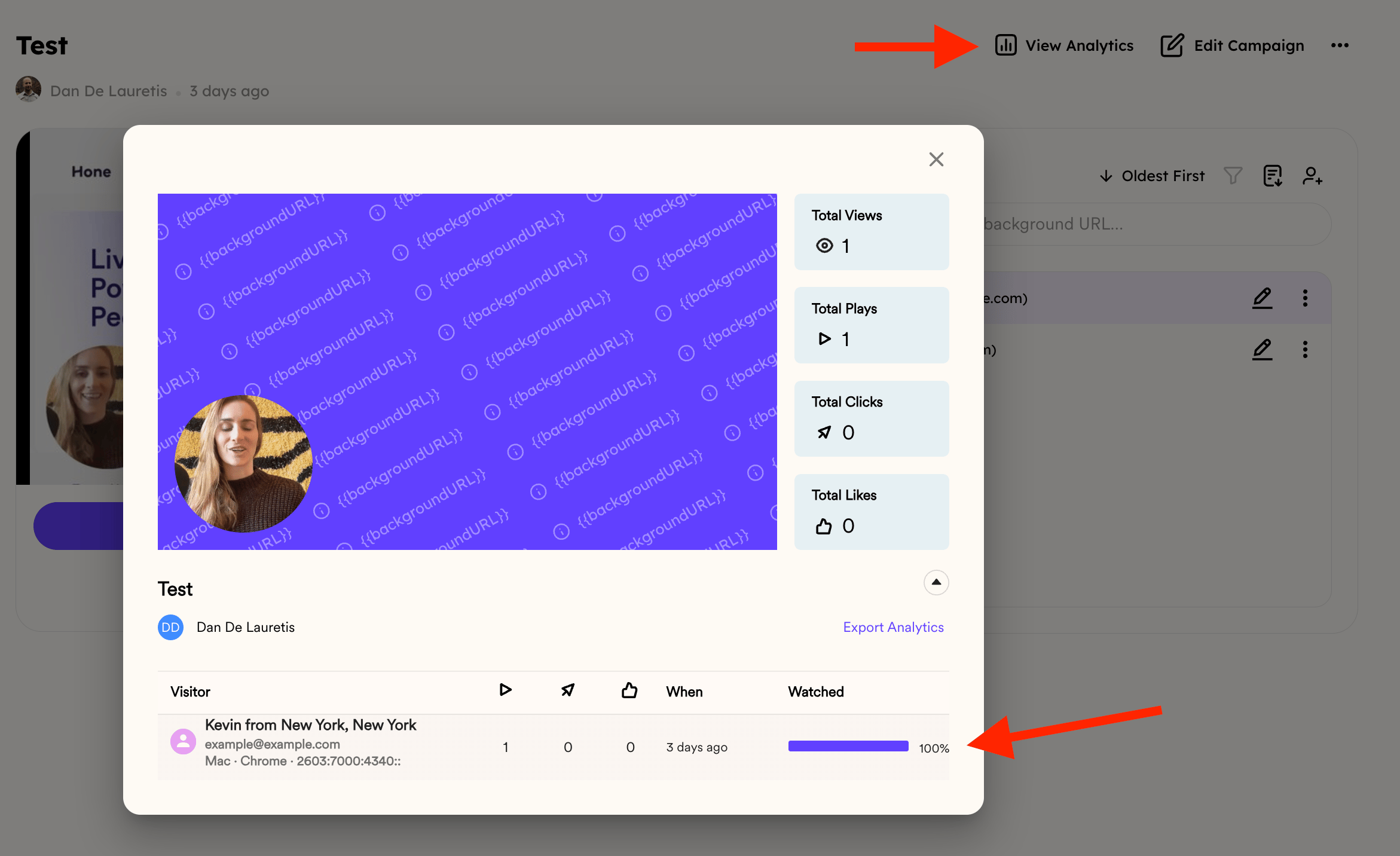 Sendspark Dynamic Video Campaign dashboard displaying video watch percentage and engagement metrics
